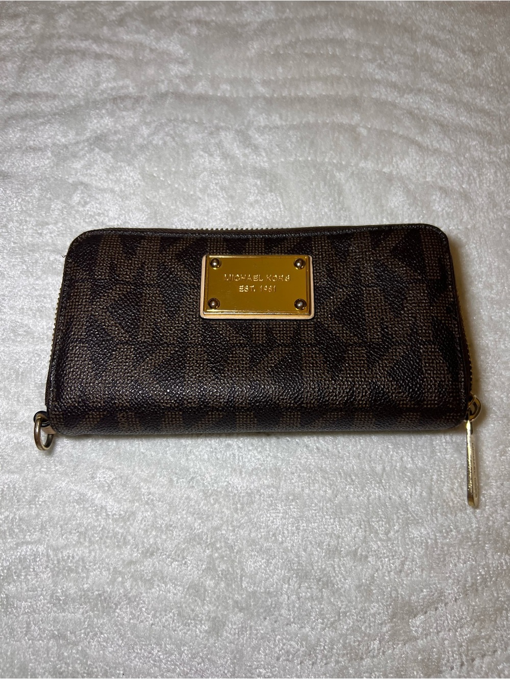 Michael Kors Dark Brown Logo Zip Wallet with Gold Plaque